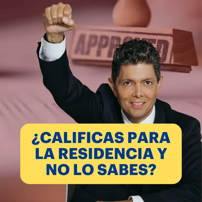 The immigration attorney Jorge Rivera smiles with his fist in the air in front of a document with a stamp of 'APPROVED', highlighting the phrase 'how do you Qualify for the Residence and wouldn't you Know?'.